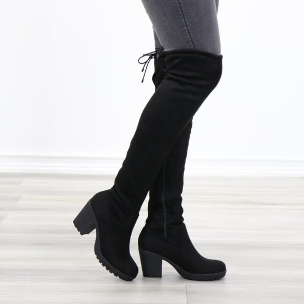 Lug Chunky Heel BlackThigh High Suede Boots - Picture 11 of 16